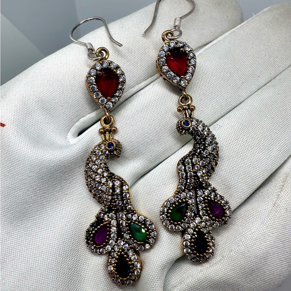 Sterling Silver Gemstone Peacock Earrings